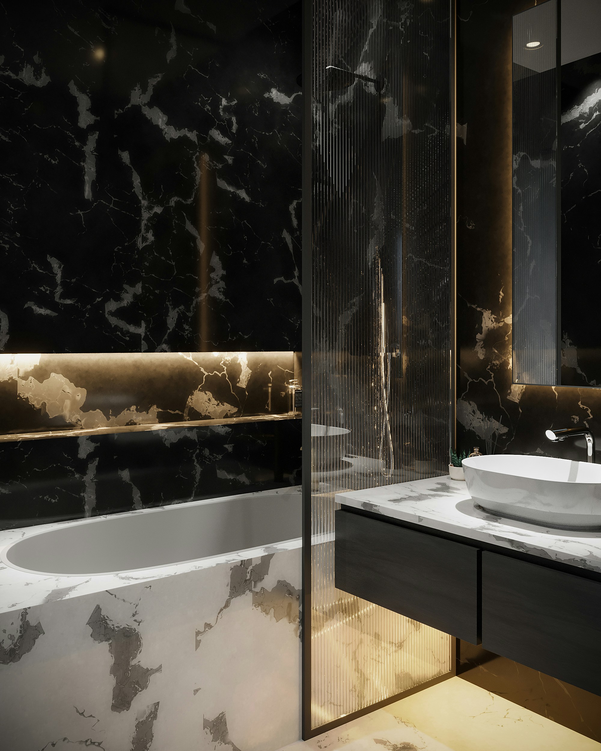 Baño master en mármol negro